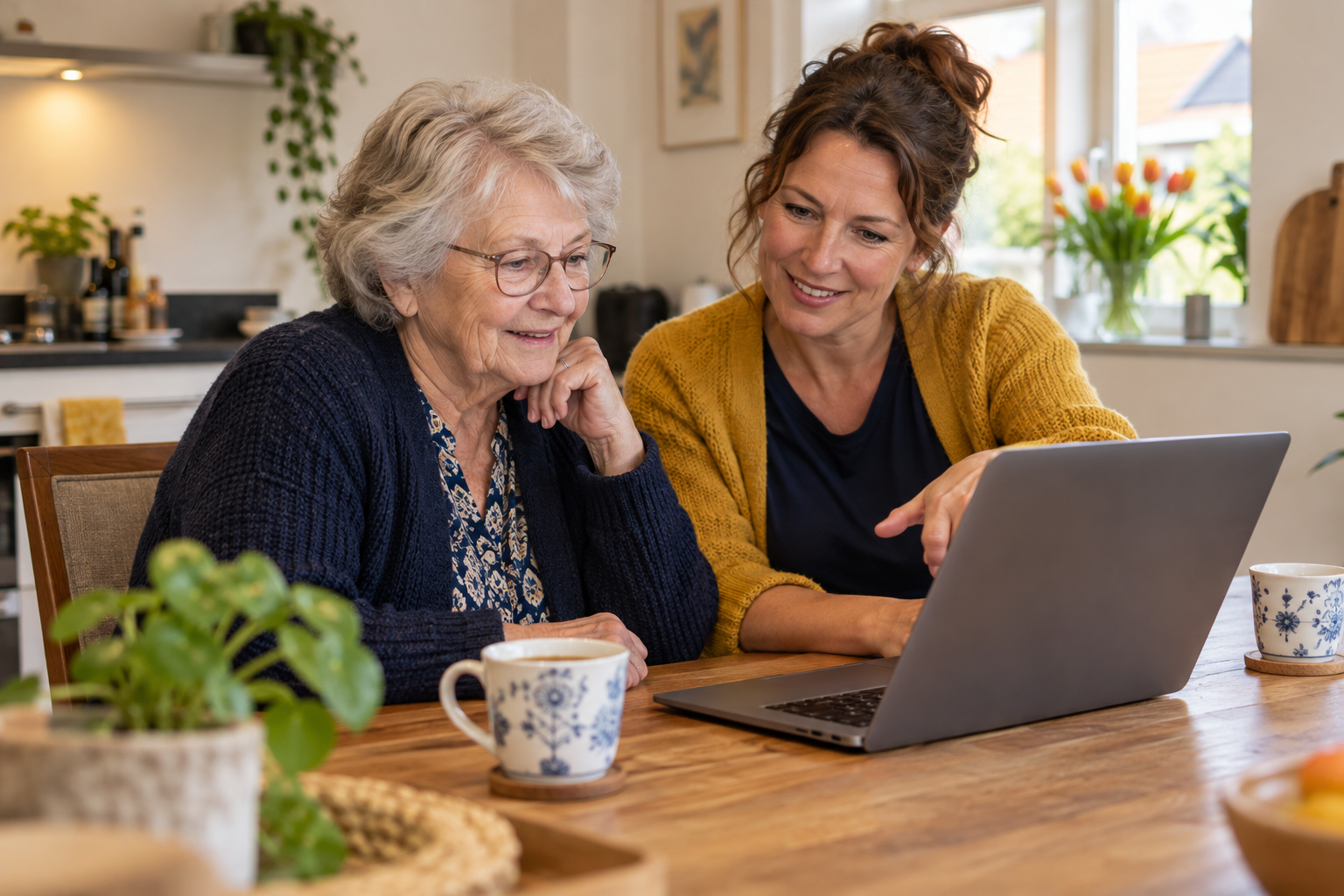 Een vrouw krijgt rustig uitleg bij haar laptop aan de keukentafel