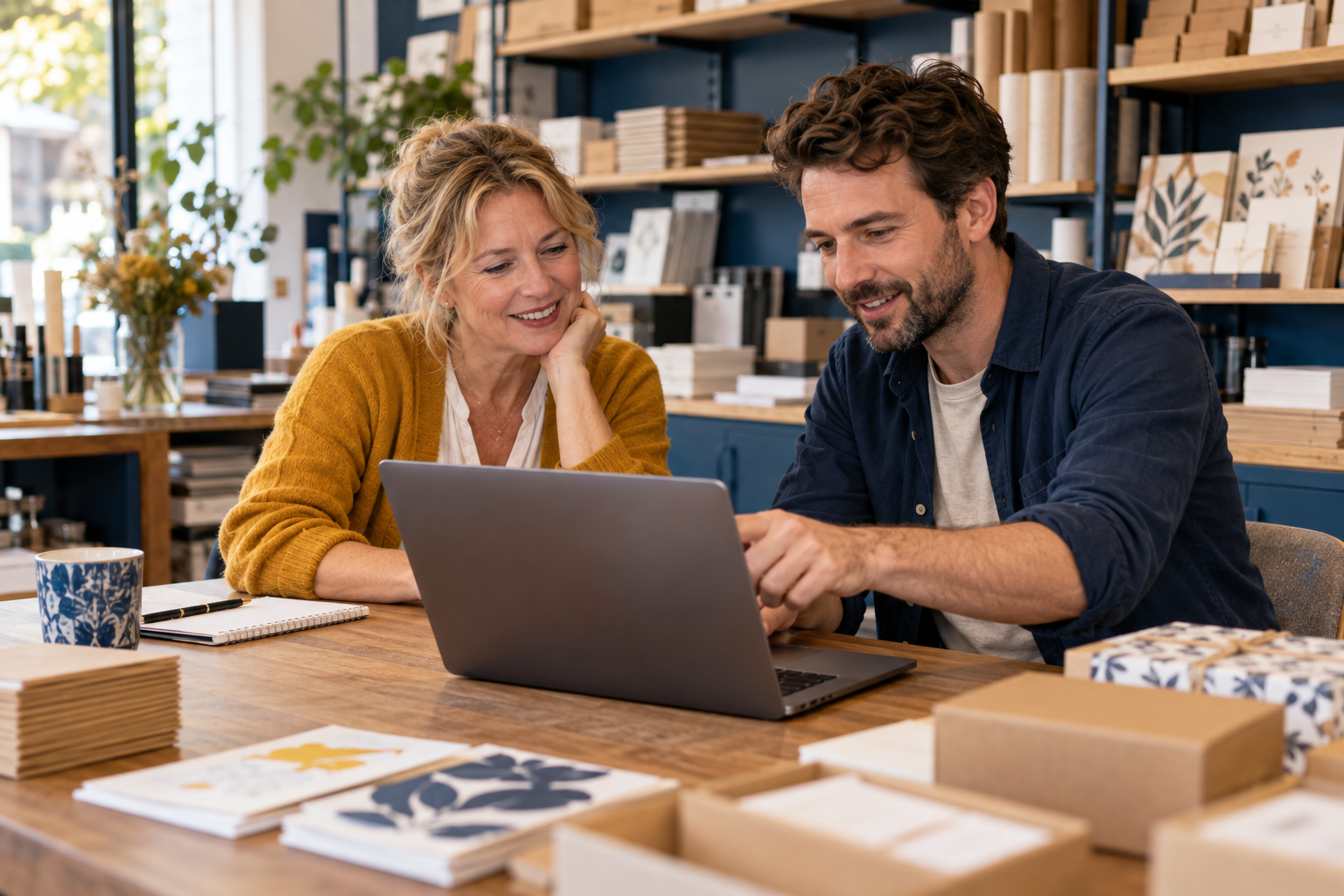 Een kleine ondernemer en een ICT-helper bekijken samen haar laptop